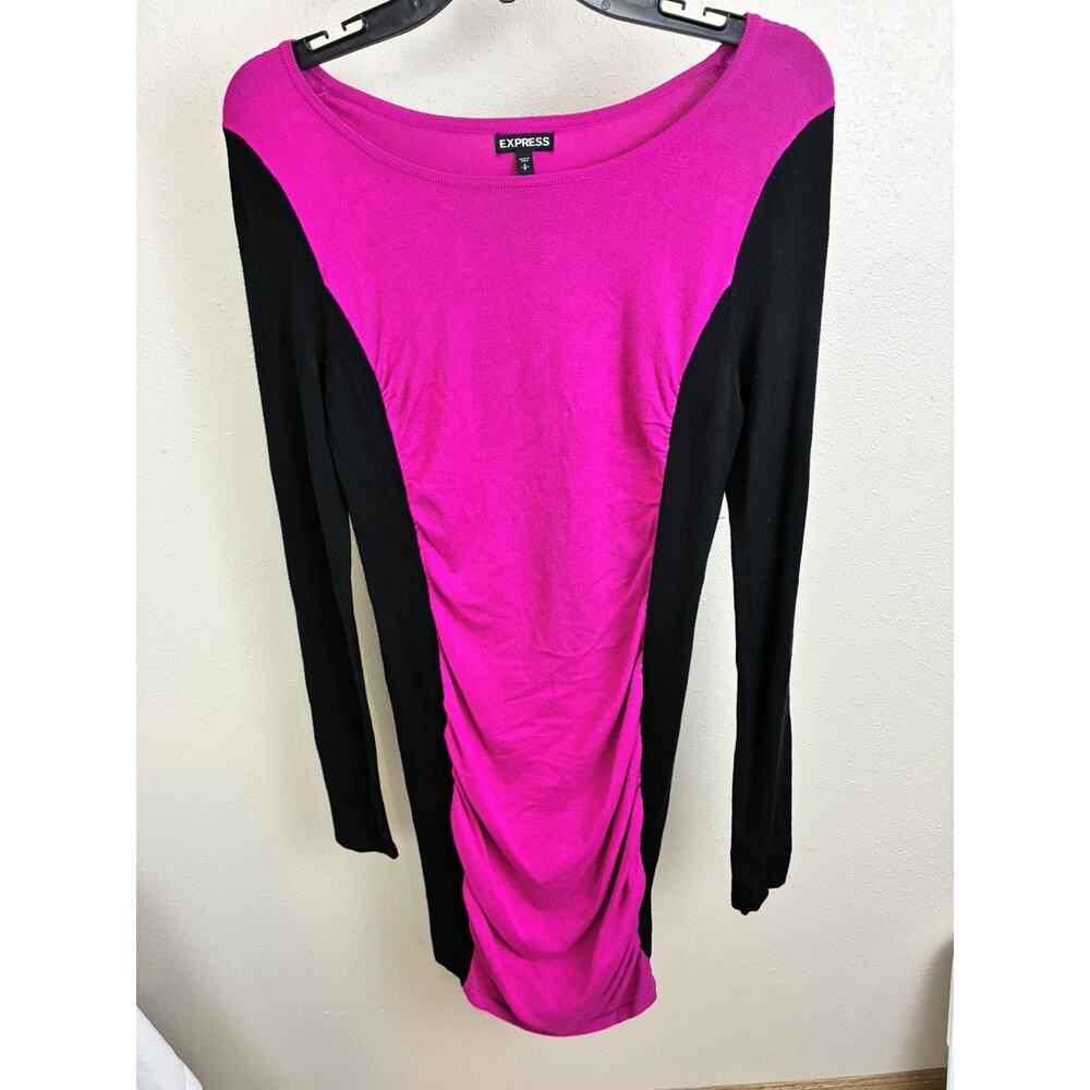 Express Women Size S/P Fuschia Black Long Sleeve Knee Sheath Dress - Picture 7 of 8